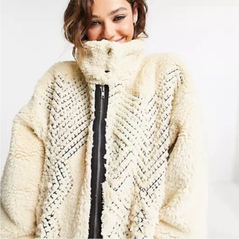 We The Free Cream Teddy Long Coat with Black Accent